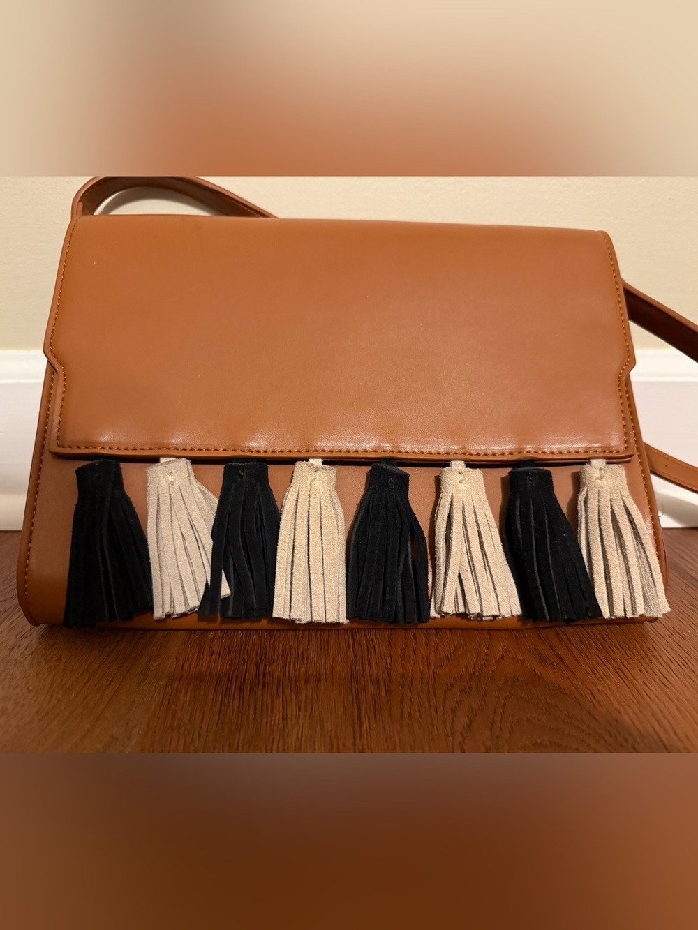 Lionel Vegan Leather Crossbody Bag Tan Tri Color Fringe Tassel Boho